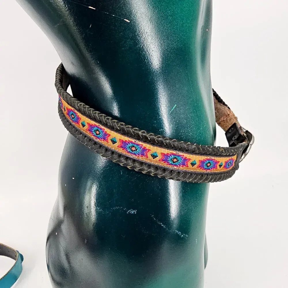 Vintage Women's Black Southwestern Leather Belt colorful silver buckle size M